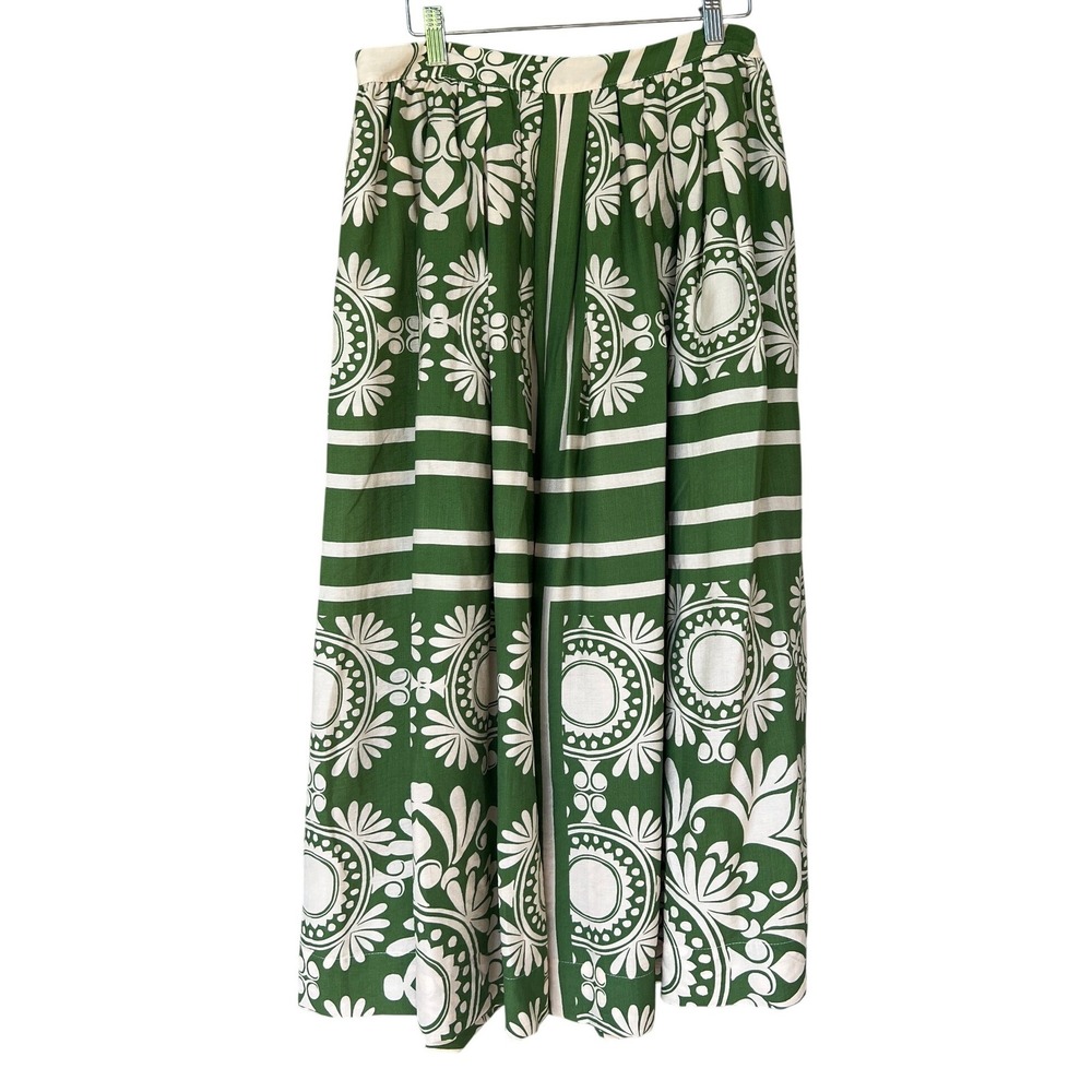 Fab'rik Maxi Skirt Large Green Cream Medallion Pleated Pockets Boho Cruise Vacay